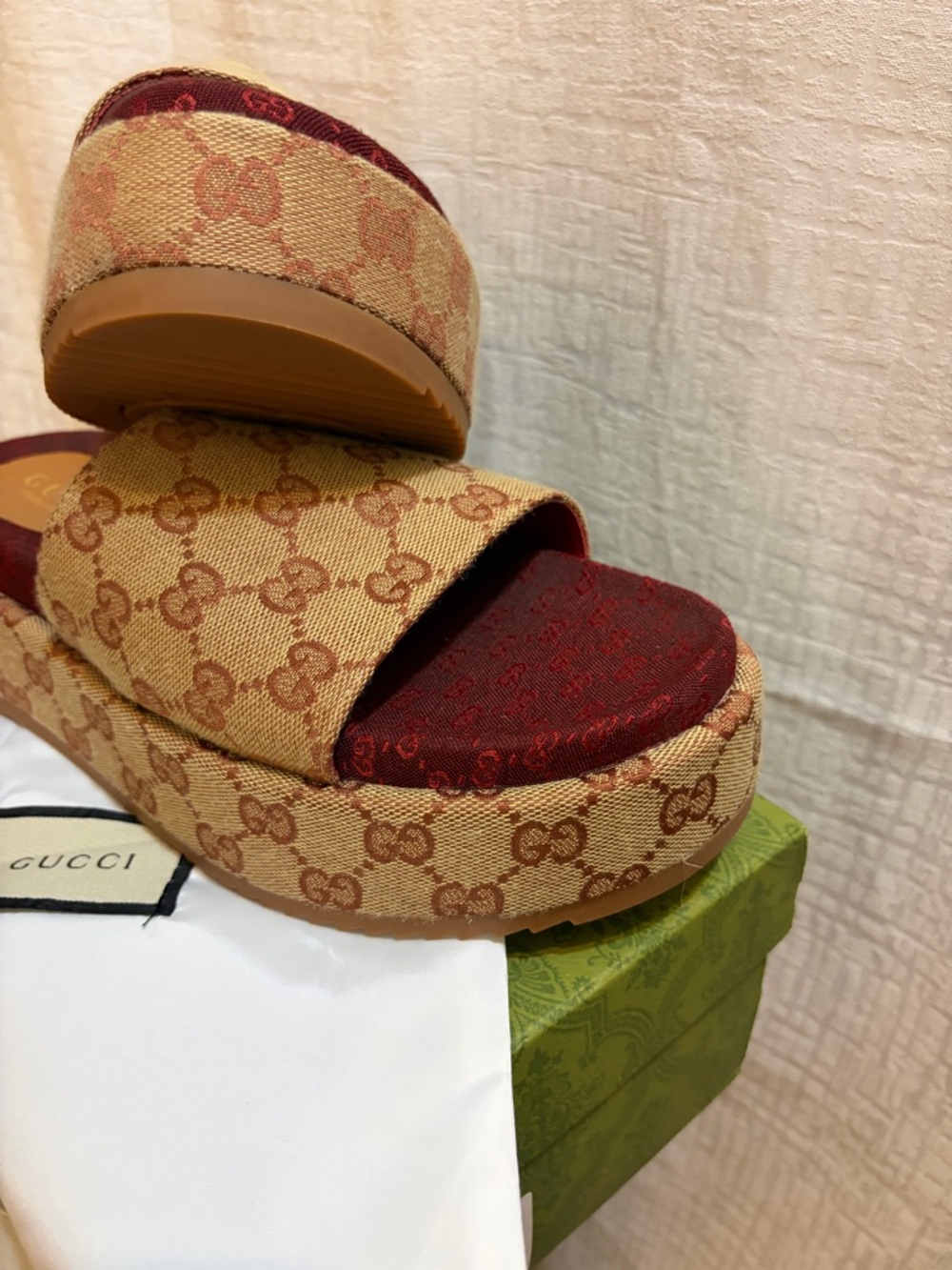 Gucci monogram Brown GG Canvas Platform Slide Sandals with Burgundy Insole - Picture 8 of 14